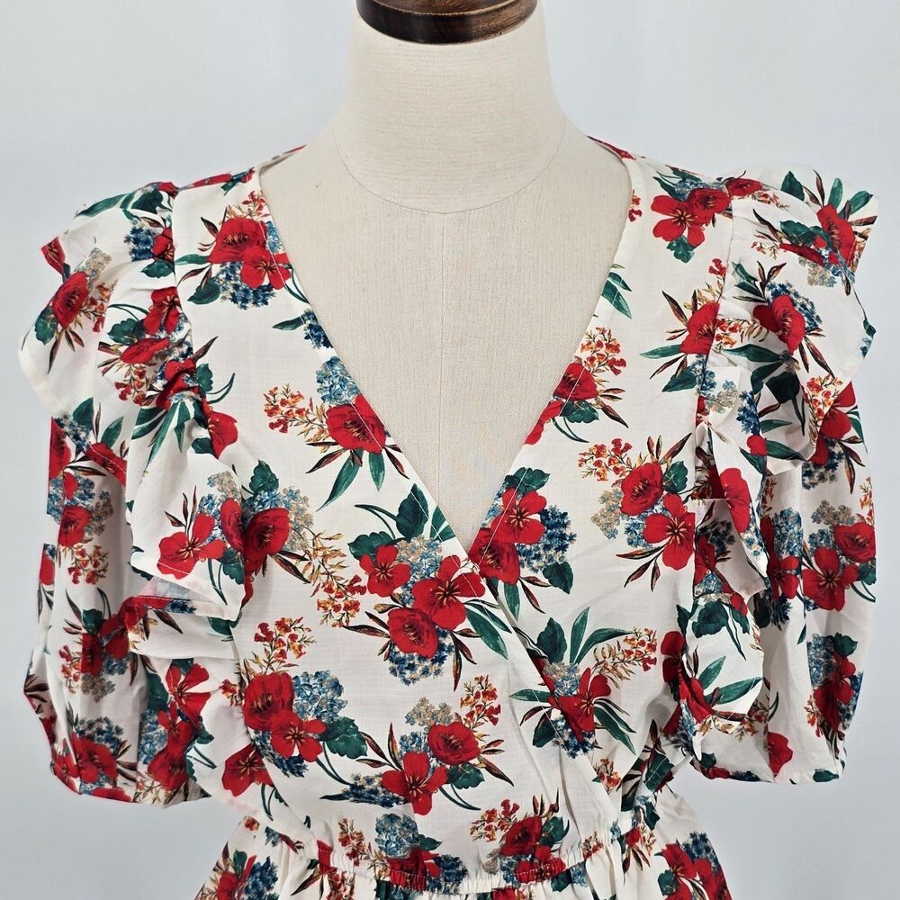 New A. Calin Faux Wrap Blouse Women S Off White Red Green Florals Ruffle Peplum